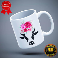 Flowered Cow Printed Logo Ceramic Mug - ApparelinClick