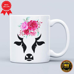 Flowered Cow Printed Logo Ceramic Mug - ApparelinClick